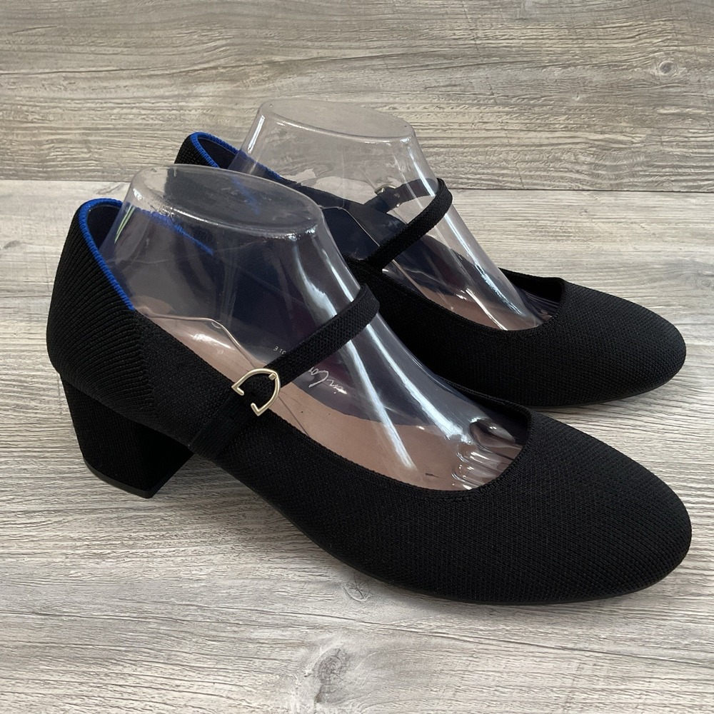 Rothy's Mary Jane Block Heel Pump Round Toe Black Knit Women's Size 10.5 US